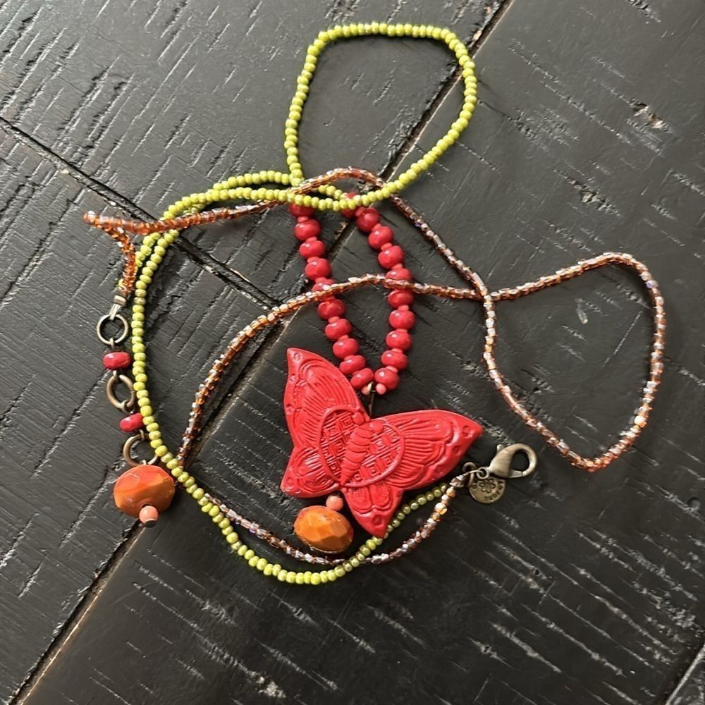 David Aubrey Coral Ted Butterfly Green Seed Bead Layered Necklace Luxury​​​​​